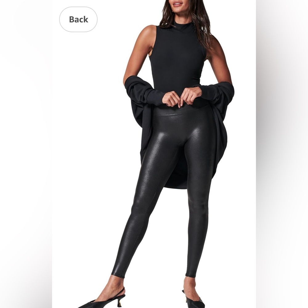 SPANX Faux Leather Leggings Tummy Control Contoured Power Waistband Stomach